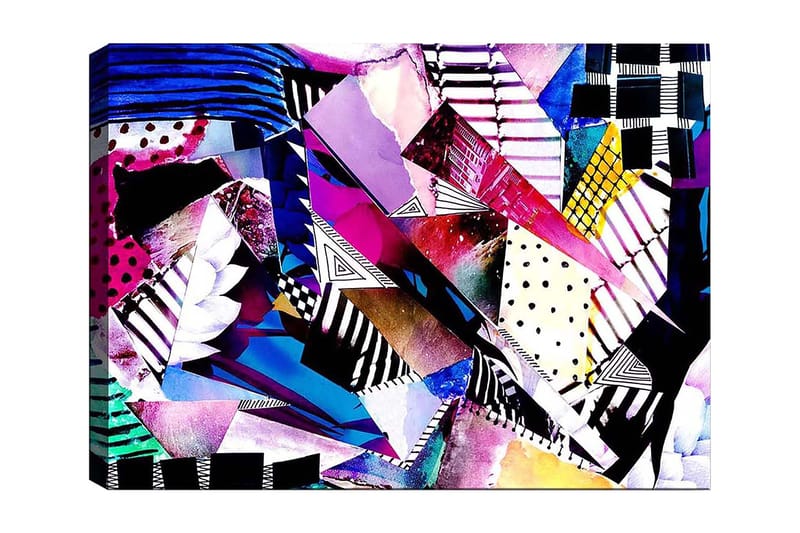 Canvastavla 70x100 cm - Abstrakt komposition av färgglada geometriska former och mönster, Lila / Blå / Svart