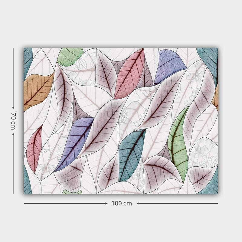 Canvastavla 70x100 cm - Abstrakt komposition av färgglada löv i olika former och nyanser - Grön / Röd / Blå - Inredning - Tavlor & posters - Canvastavla