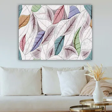 Canvastavla 70x100 cm - Abstrakt komposition av färgglada löv i olika former och nyanser - Grön / Röd / Blå - Inredning - Tavlor & posters - Canvastavla