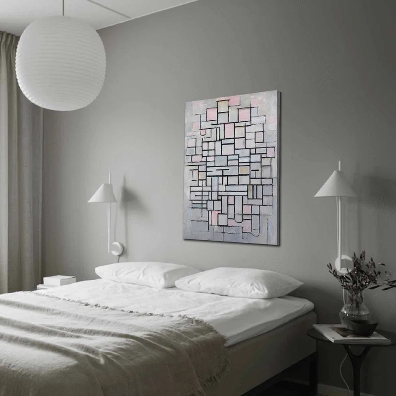 Canvastavla 70x100 cm - Abstrakt komposition av geometriska former i mjuka nyanser, Ljusgrå / Rosa / Svart