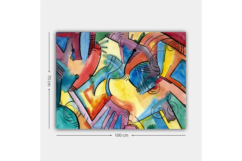 Canvastavla 70x100 cm - Abstrakt komposition av händer och former som symboliserar samhörighet och rörelse - Röd / Blå / Gul - Inredning - Tavlor & posters - Canvastavla