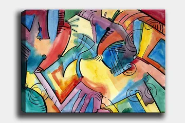 Canvastavla 70x100 cm - Abstrakt komposition av händer och former som symboliserar samhörighet och rörelse - Röd / Blå / Gul - Inredning - Tavlor & posters - Canvastavla