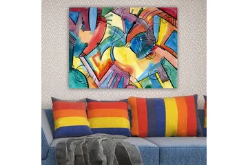 Canvastavla 70x100 cm - Abstrakt komposition av händer och former som symboliserar samhörighet och rörelse - Röd / Blå / Gul - Inredning - Tavlor & posters - Canvastavla