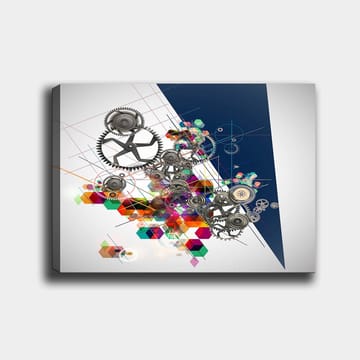 Canvastavla 70x100 cm - Abstrakt komposition av kugghjul och geometriska former i livliga färger - Grå / Röd / Grön - Inredning - Tavlor & posters - Canvastavla