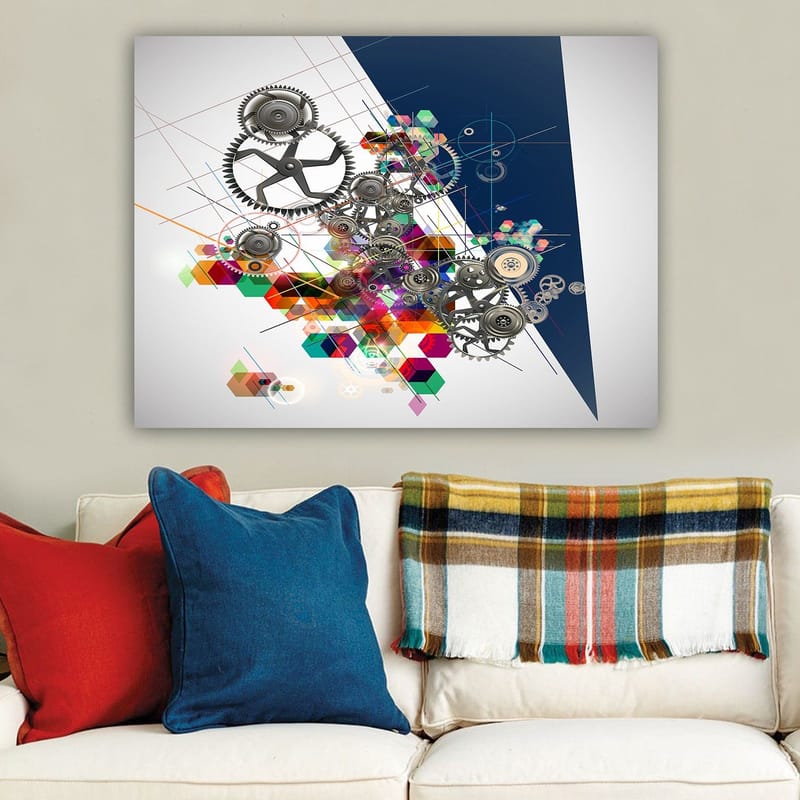 Canvastavla 70x100 cm - Abstrakt komposition av kugghjul och geometriska former i livliga färger - Grå / Röd / Grön - Inredning - Tavlor & posters - Canvastavla