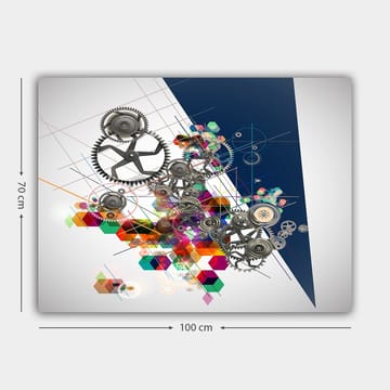 Canvastavla 70x100 cm - Abstrakt komposition av kugghjul och geometriska former i livliga färger - Grå / Röd / Grön - Inredning - Tavlor & posters - Canvastavla