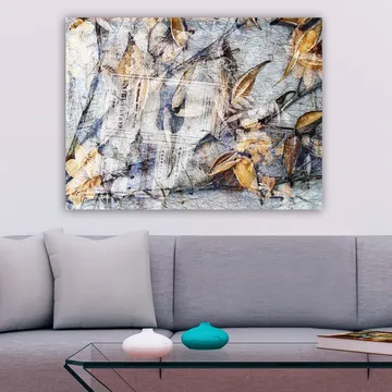 Canvastavla 70x100 cm - Abstrakt komposition av löv och tidningspapper som skapar en känsla av natur och tidens gång - Grå / Beige / Brun - Inredning - Tavlor & posters - Canvastavla