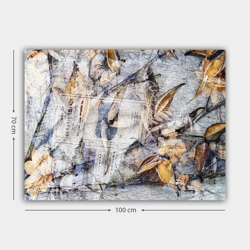 Canvastavla 70x100 cm - Abstrakt komposition av löv och tidningspapper som skapar en känsla av natur och tidens gång - Grå / Beige / Brun - Inredning - Tavlor & posters - Canvastavla
