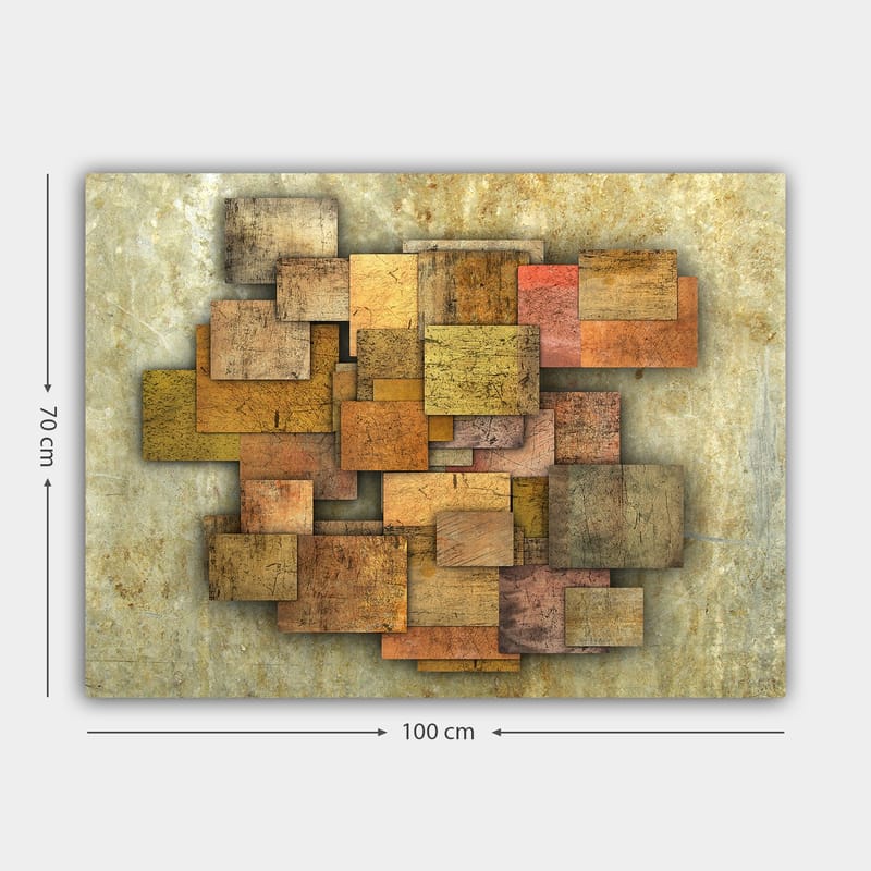 Canvastavla 70x100 cm - Abstrakt komposition av träplattor i olika nyanser som skapar en dynamisk struktur - Guldbrun / Orange / Beige - Inredning - Tavlor & posters - Canvastavla