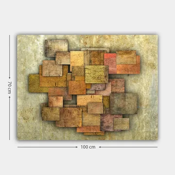 Canvastavla 70x100 cm - Abstrakt komposition av träplattor i olika nyanser som skapar en dynamisk struktur - Guldbrun / Orange / Beige - Inredning - Tavlor & posters - Canvastavla