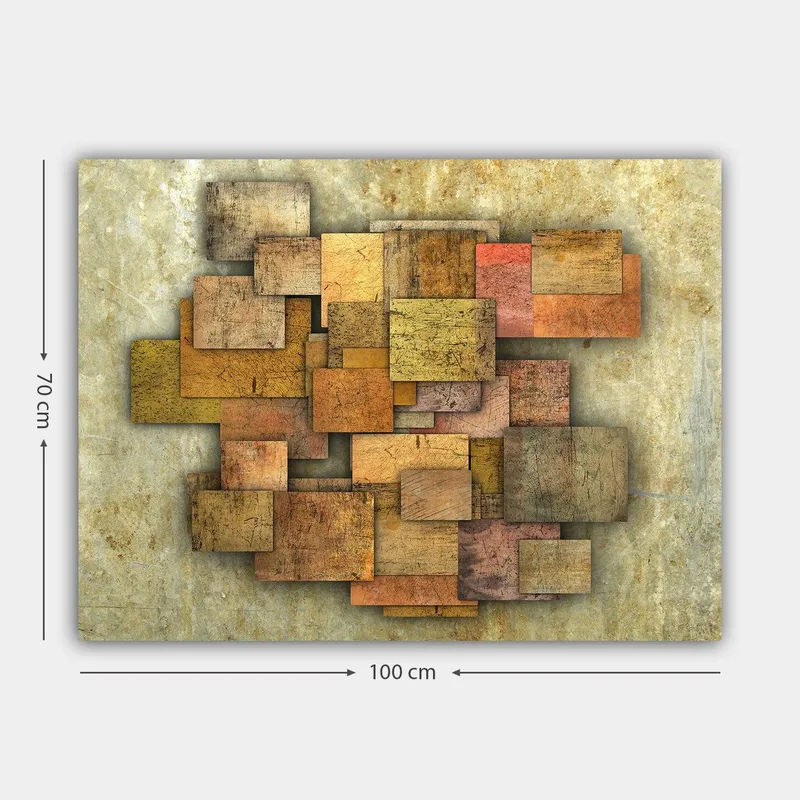 Canvastavla 70x100 cm - Abstrakt komposition av träplattor i olika nyanser som skapar en dynamisk struktur - Guldbrun / Orange / Beige - Inredning - Tavlor & posters - Canvastavla