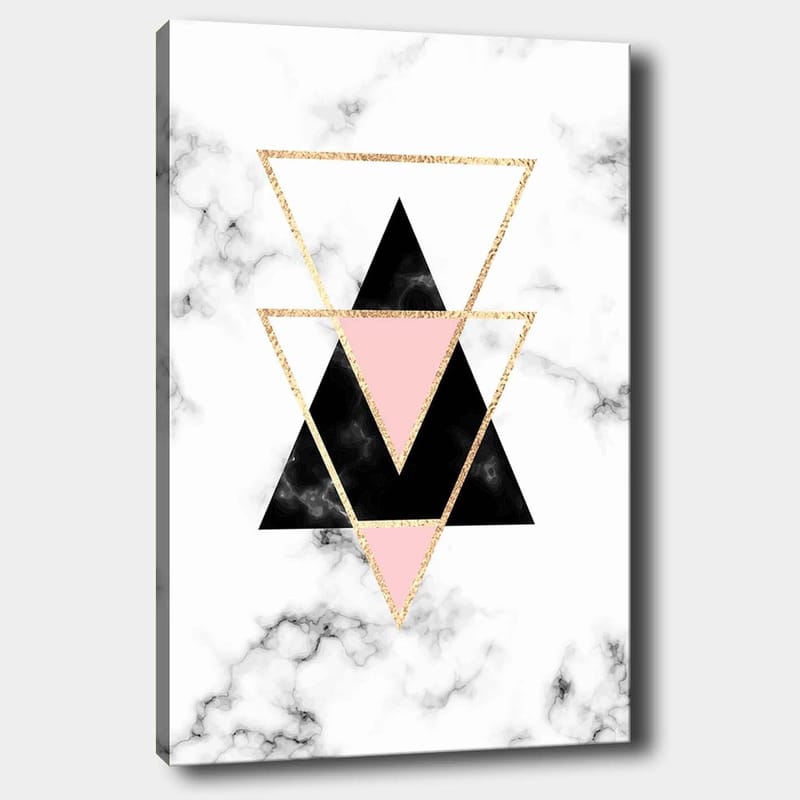 Canvastavla 70x100 cm - Abstrakt komposition av trianglar i olika färger och former, Svart / Rosa / Guld