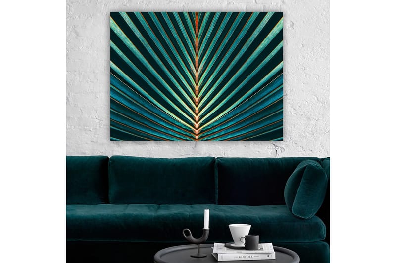 Canvastavla 70x100 cm - Abstrakt komposition av palmblad med tydliga linjer och symmetri - Mörkgrön / Turkos / Orange - Inredning - Tavlor & posters - Canvastavla
