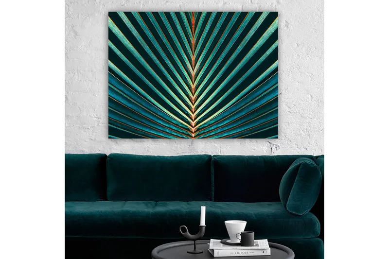 Canvastavla 70x100 cm - Abstrakt komposition av palmblad med tydliga linjer och symmetri - Mörkgrön / Turkos / Orange - Inredning - Tavlor & posters - Canvastavla