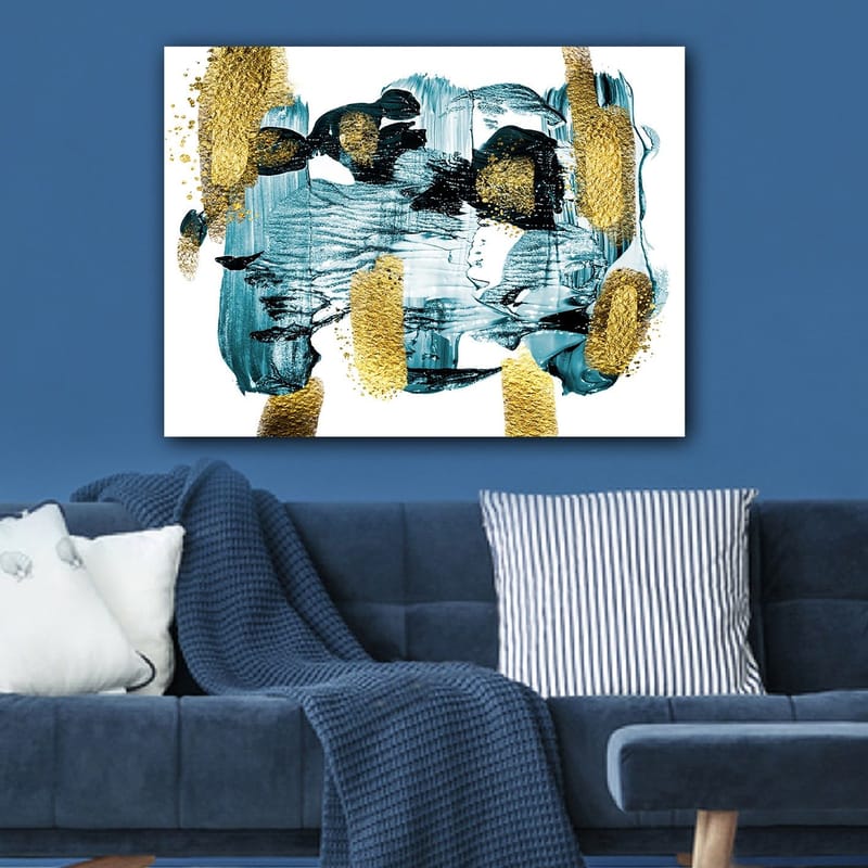 Canvastavla 70x100 cm - Abstrakt komposition med blå och guldiga inslag som skapar en dynamisk känsla - Mörkblå / Guld / Ljusblå - Inredning - Tavlor & posters - Canvastavla