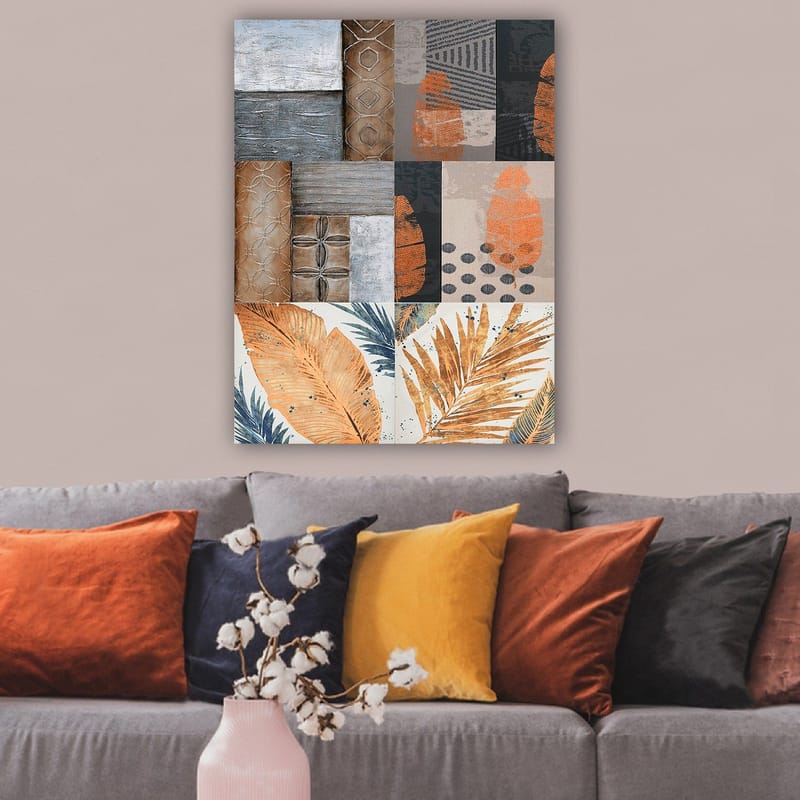 Canvastavla 70x100 cm - Abstrakt komposition med bladmotiv och geometriska mönster i jordnära toner - Orange / Grå / Beige - Inredning - Tavlor & posters - Canvastavla