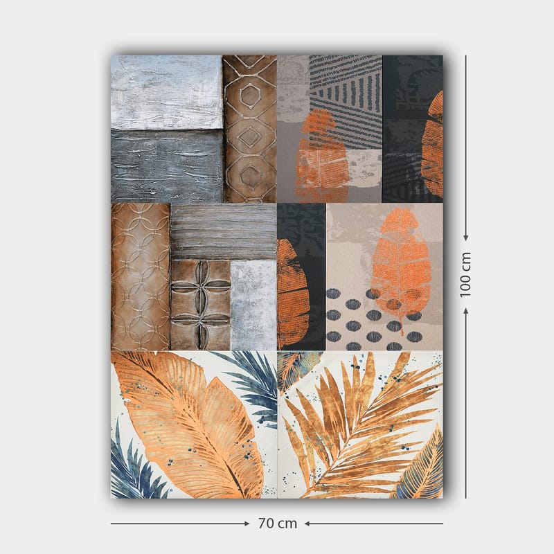 Canvastavla 70x100 cm - Abstrakt komposition med bladmotiv och geometriska mönster i jordnära toner - Orange / Grå / Beige - Inredning - Tavlor & posters - Canvastavla