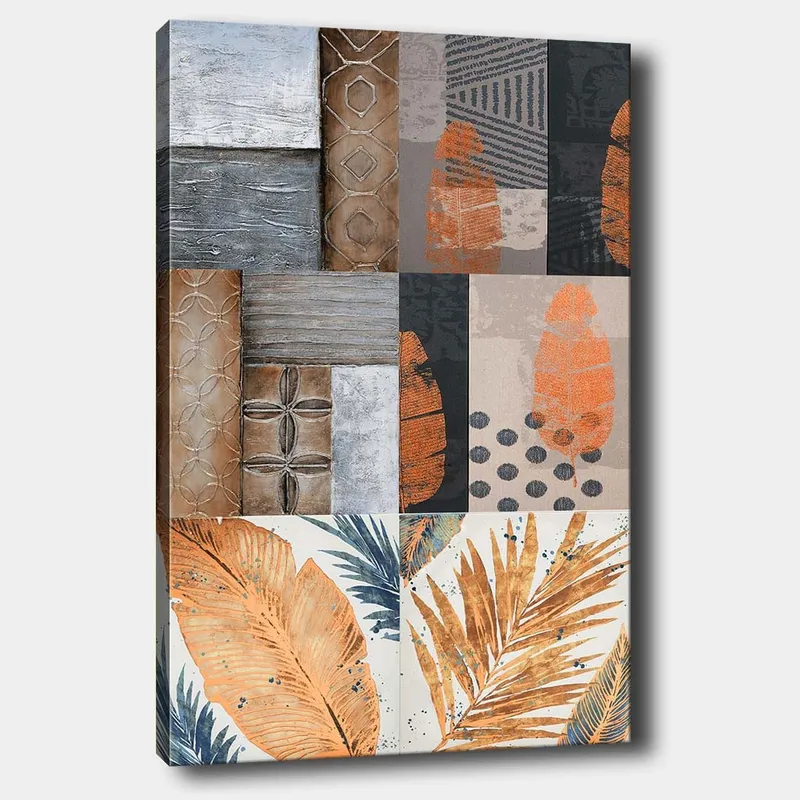 Canvastavla 70x100 cm - Abstrakt komposition med bladmotiv och geometriska mönster i jordnära toner, Orange / Grå / Beige