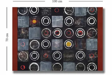 Canvastavla 70x100 cm - Abstrakt komposition med cirklar och kvadrater i kontrasterande färger - Svart / Grå / Röd - Inredning - Tavlor & posters - Canvastavla