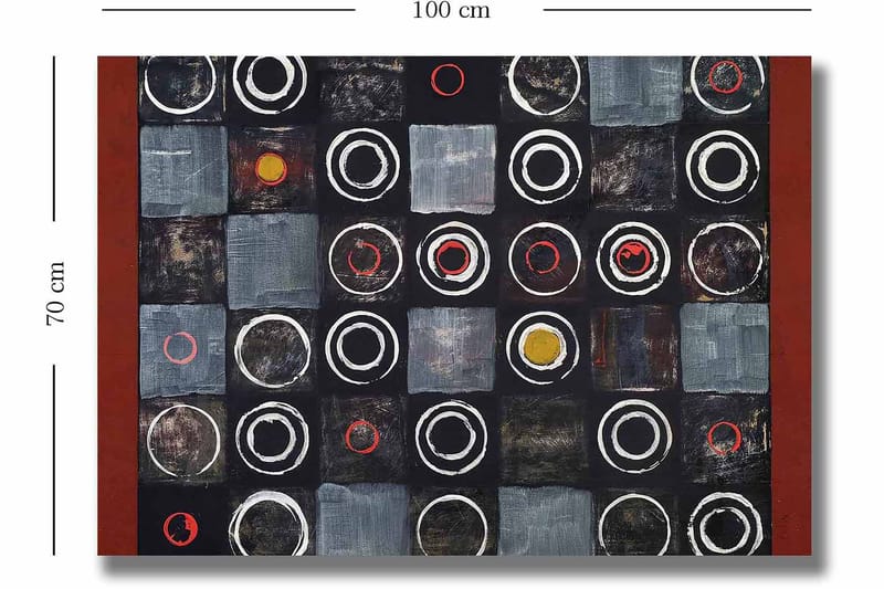 Canvastavla 70x100 cm - Abstrakt komposition med cirklar och kvadrater i kontrasterande färger - Svart / Grå / Röd - Inredning - Tavlor & posters - Canvastavla