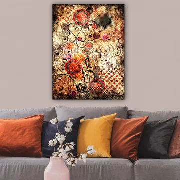 Canvastavla 70x100 cm - Abstrakt komposition med cirklar och svarta linjer i en dynamisk och lekfull stil - Röd / Svart / Beige - Inredning - Tavlor & posters - Canvastavla