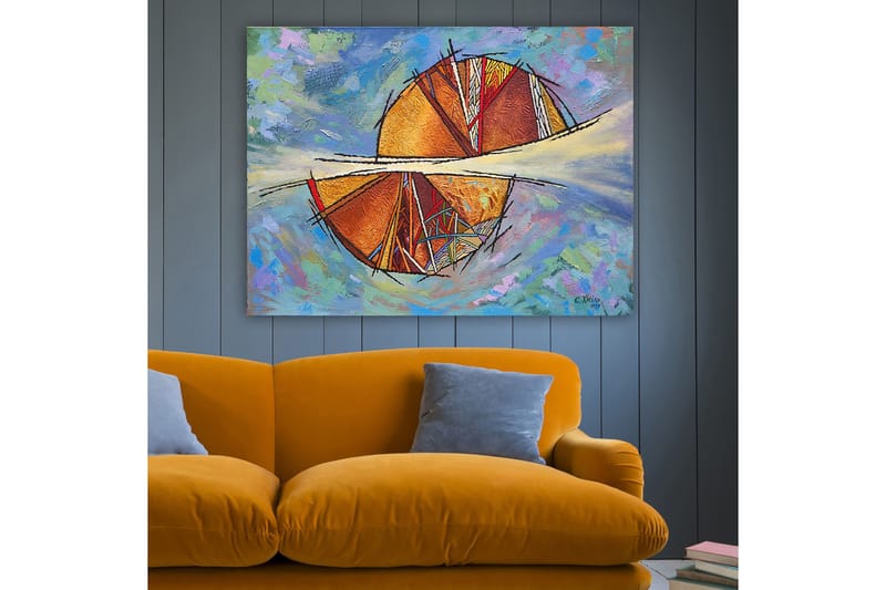 Canvastavla 70x100 cm - Abstrakt komposition med cirkulära former och geometriska mönster i varma färger - Guld / Röd / Orange - Inredning - Tavlor & posters - Canvastavla