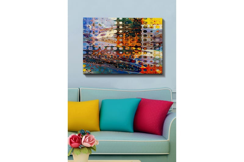 Canvastavla 70x100 cm - Abstrakt komposition med cirkulära mönster i olika färger som skapar en dynamisk känsla - Blå / Orange / Gul - Inredning - Tavlor & posters - Canvastavla