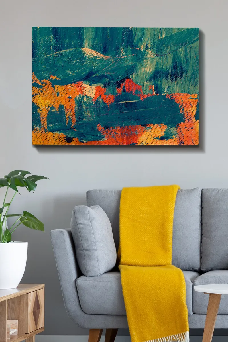Canvastavla 70x100 cm - Abstrakt komposition med djupa gröna och varma orangea toner - Mörkgrön / Orange - Inredning - Tavlor & posters - Canvastavla
