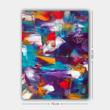 Canvastavla 70x100 cm - Abstrakt komposition med dynamiska färgfält och texturer - Turkos / Lila / Röd - Inredning - Tavlor & posters - Canvastavla