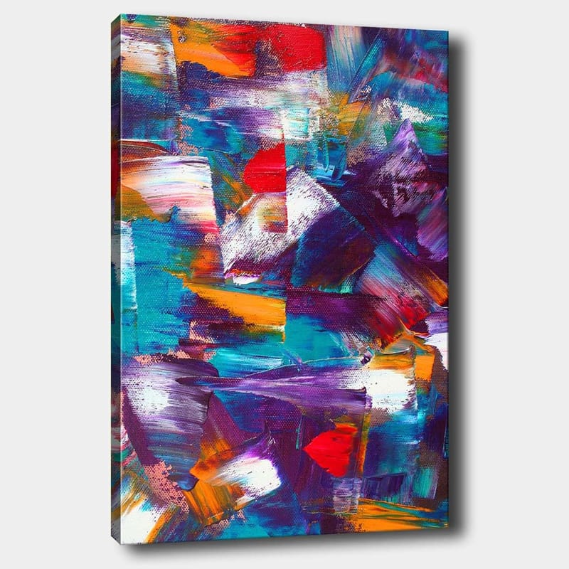 Canvastavla 70x100 cm - Abstrakt komposition med dynamiska färgfält och texturer, Turkos / Lila / Röd
