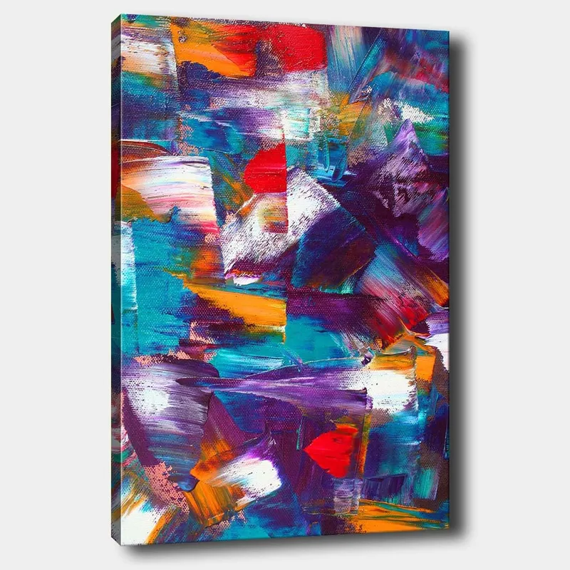 Canvastavla 70x100 cm - Abstrakt komposition med dynamiska färgfält och texturer, Turkos / Lila / Röd