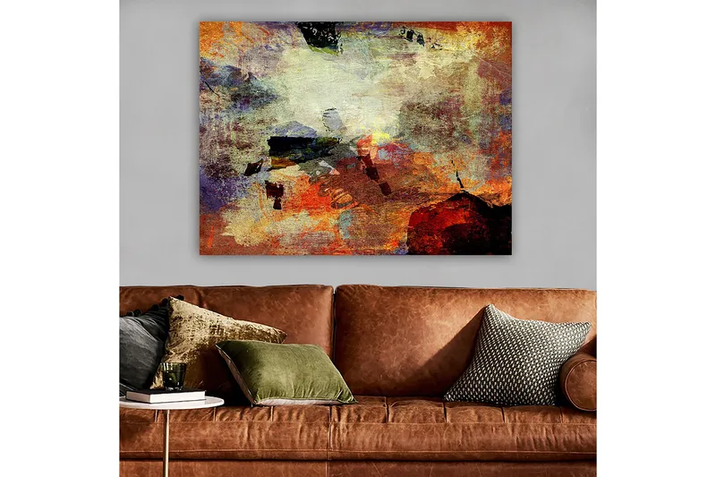 Canvastavla 70x100 cm - Abstrakt komposition med dynamiska färgfält som skapar en känsla av rörelse och djup - Röd / Orange / Grön - Inredning - Tavlor & posters - Canvastavla