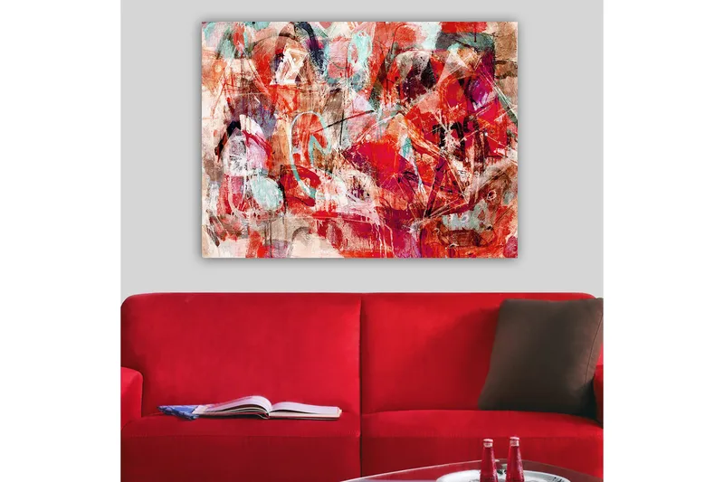 Canvastavla 70x100 cm - Abstrakt komposition med dynamiska former i starka färger, Röd / Turkos / Beige