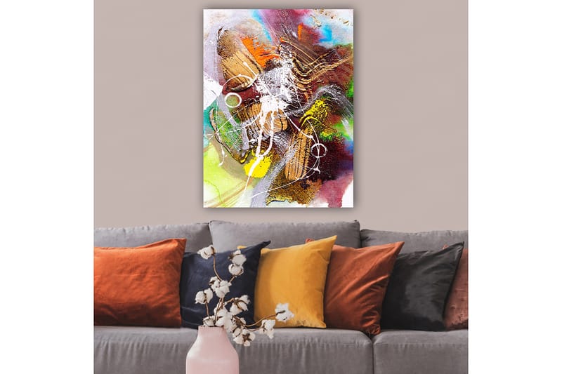 Canvastavla 70x100 cm - Abstrakt komposition med dynamiska former och färger som skapar en känsla av rörelse - Guld / Grön / Röd - Inredning - Tavlor & posters - Canvastavla