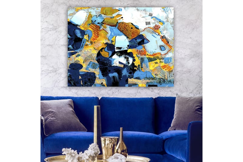 Canvastavla 70x100 cm - Abstrakt komposition med dynamiska former och färger som skapar en livlig känsla - Mörkblå / Ljusblå / Gul - Inredning - Tavlor & posters - Canvastavla