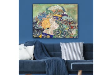 Canvastavla 70x100 cm - Abstrakt komposition med en liggande figur omgiven av färgglada mönster och former - Blå / Orange / Grön - Inredning - Tavlor & posters - Canvastavla