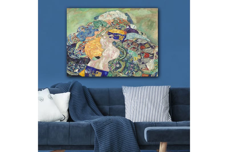 Canvastavla 70x100 cm - Abstrakt komposition med en liggande figur omgiven av färgglada mönster och former - Blå / Orange / Grön - Inredning - Tavlor & posters - Canvastavla