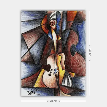 Canvastavla 70x100 cm - Abstrakt komposition med en musiker som spelar ett instrument - Mörkblå / Brun / Beige - Inredning - Tavlor & posters - Canvastavla