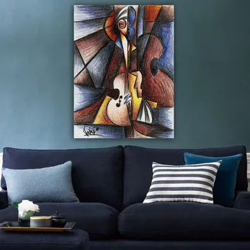 Canvastavla 70x100 cm - Abstrakt komposition med en musiker som spelar ett instrument - Mörkblå / Brun / Beige - Inredning - Tavlor & posters - Canvastavla