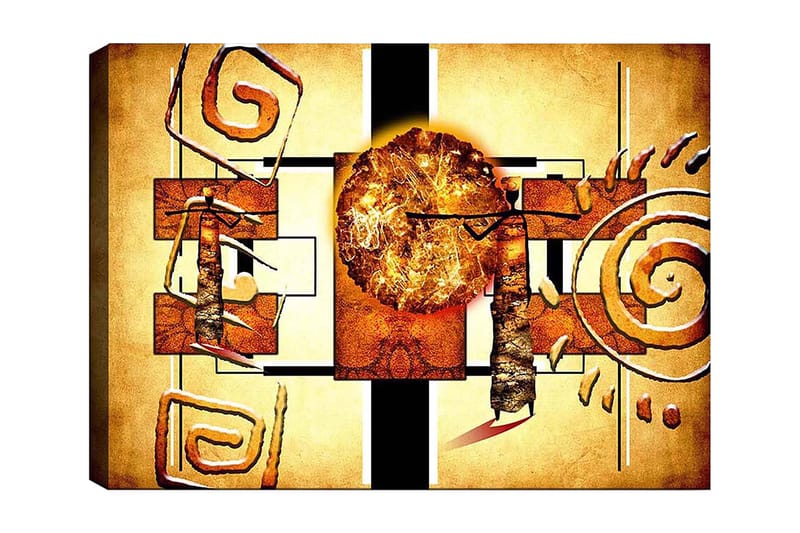 Canvastavla 70x100 cm - Abstrakt komposition med en stor sol och geometriska former - Guld / Brunt / Svart - Inredning - Tavlor & posters - Canvastavla
