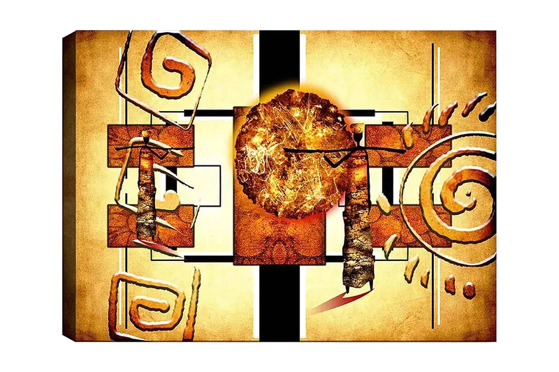 Canvastavla 70x100 cm - Abstrakt komposition med en stor sol och geometriska former, Guld / Brunt / Svart