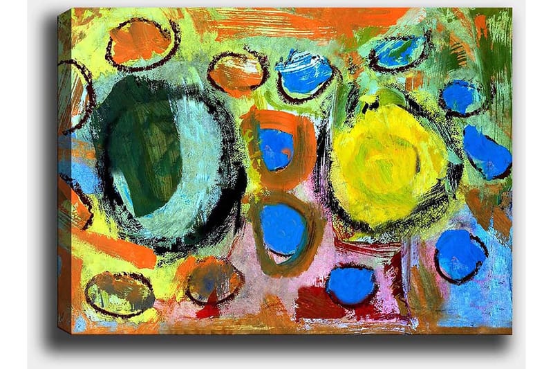 Canvastavla 70x100 cm - Abstrakt komposition med färgglada cirklar och former som skapar en livlig och dynamisk känsla - Grön / Gul / Blå - Inredning - Tavlor & posters - Canvastavla