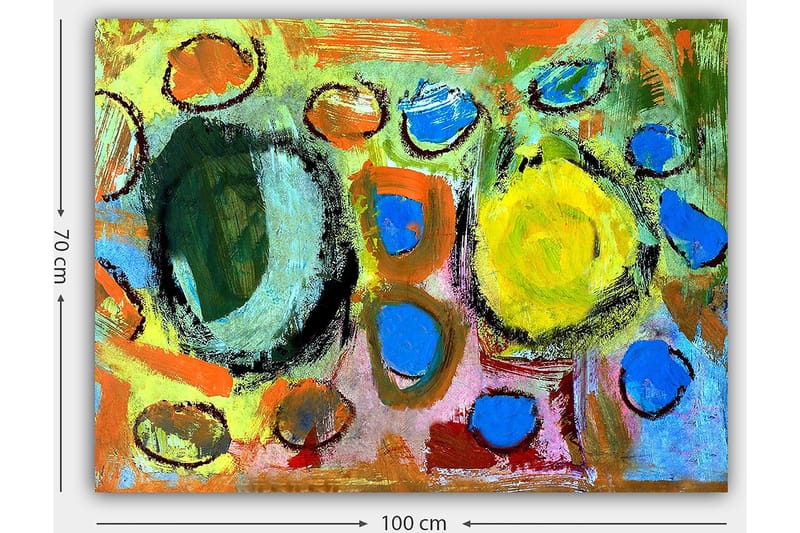 Canvastavla 70x100 cm - Abstrakt komposition med färgglada cirklar och former som skapar en livlig och dynamisk känsla - Grön / Gul / Blå - Inredning - Tavlor & posters - Canvastavla