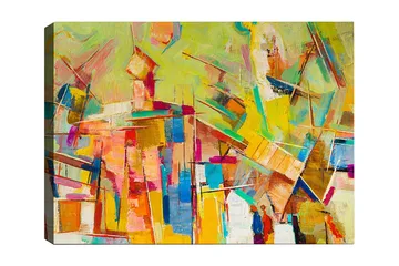 Canvastavla 70x100 cm - Abstrakt komposition med färgglada former och linjer som skapar en dynamisk känsla - Gul / Rosa / Blå - Inredning - Tavlor & posters - Canvastavla