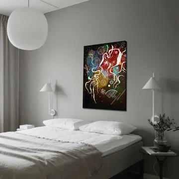 Canvastavla 70x100 cm - Abstrakt komposition med färgglada former och linjer som skapar en dynamisk rörelse - Röd / Grön / Blå - Inredning - Tavlor & posters - Canvastavla