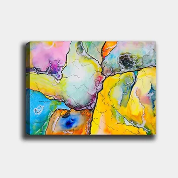 Canvastavla 70x100 cm - Abstrakt komposition med färgglada former som samverkar i harmoniska mönster - Gul / Blå / Rosa - Inredning - Tavlor & posters - Canvastavla