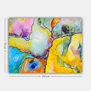 Canvastavla 70x100 cm - Abstrakt komposition med färgglada former som samverkar i harmoniska mönster - Gul / Blå / Rosa - Inredning - Tavlor & posters - Canvastavla