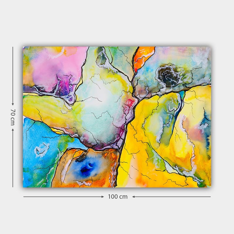 Canvastavla 70x100 cm - Abstrakt komposition med färgglada former som samverkar i harmoniska mönster - Gul / Blå / Rosa - Inredning - Tavlor & posters - Canvastavla