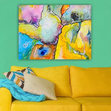 Canvastavla 70x100 cm - Abstrakt komposition med färgglada former som samverkar i harmoniska mönster - Gul / Blå / Rosa - Inredning - Tavlor & posters - Canvastavla