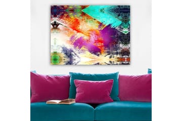 Canvastavla 70x100 cm - Abstrakt komposition med färgglada geometriska former och dynamiska penseldrag - Turkos / Lila / Röd - Inredning - Tavlor & posters - Canvastavla